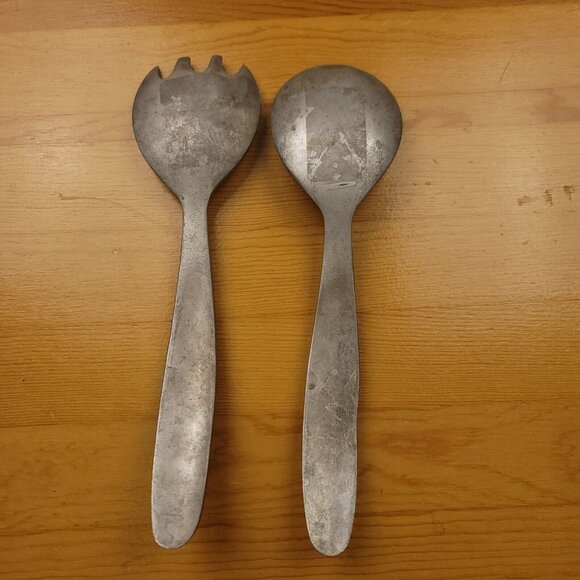 Vintage Cast Aluminum Salad Serving Set‎ Spoon Fork 90s Modern 10.5 In - Picture 2 of 5